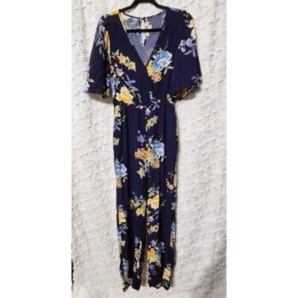 Ban Of Gypsies Size M Wide Leg Floral Jumpsuit Dark Blue Western Wedding Guest - Picture 4 of 10